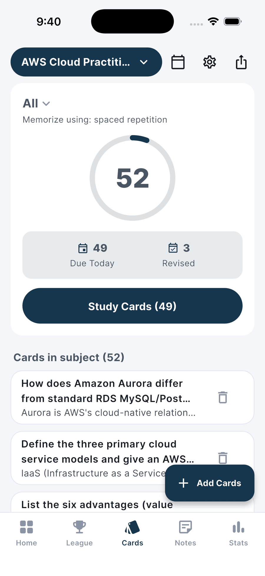 The Examius flashcards screen showing cards due today and a queue of questions for the subject.